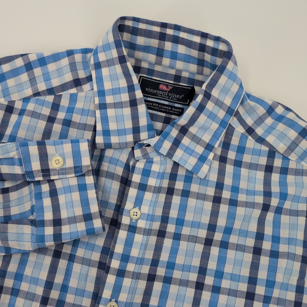 Vineyard Vines Cooper Shirt Mens Blue Plaid Sz M Cotton Linen Spandex Button Up